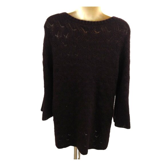 Lauren Conrad Womens Sweater Sz Medium Round Neck Open Knit Burgundy Bell Sleeve - Picture 2 of 6